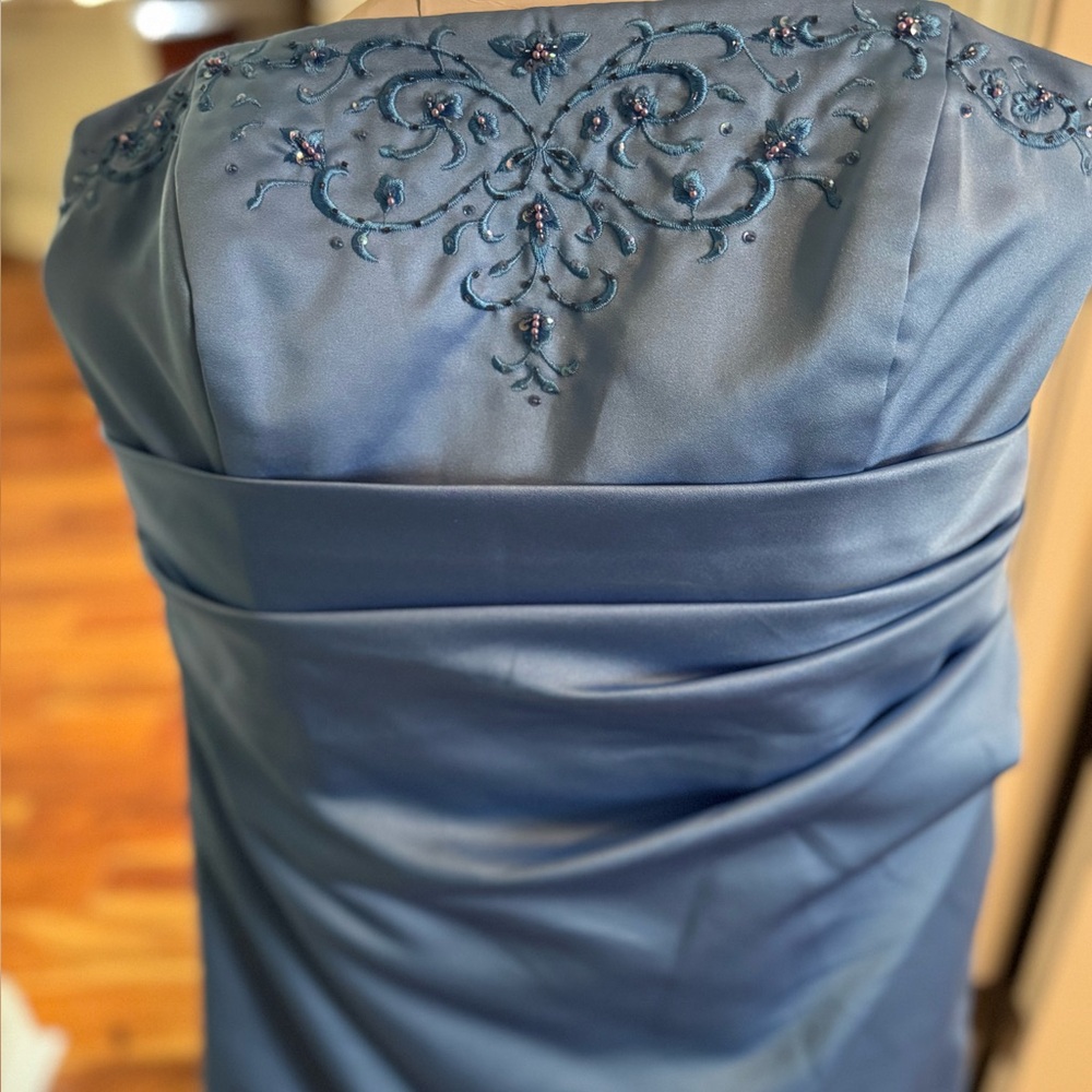 David's Bridal Blue Strapless Ruched Sheath Dress